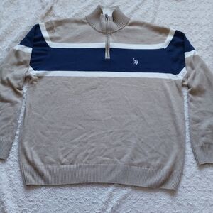 U.S. Polo Assn. Beige and Navy 1/4 Zip Sweater Preppy Academia XL